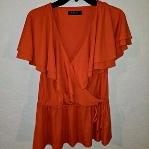 NEW LAUREN RALPH LAUREN Ruffle-trim Surplice Jersey Wrap Top ORANGE Size L